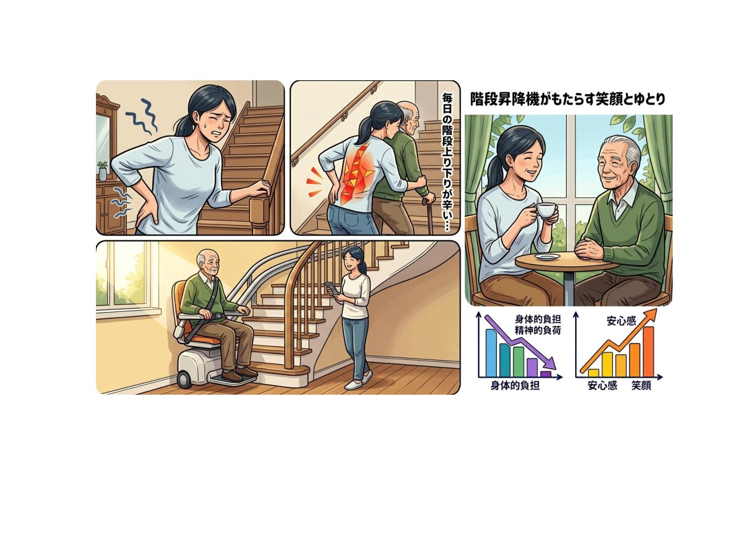 毎日の階段移動で腰に限界を感じていませんか？いす式階段昇降機の導入が介助者の負担を大きく減らします。｜日本最大級のいす式階段昇降機 専門サイト 階段昇降機.com
