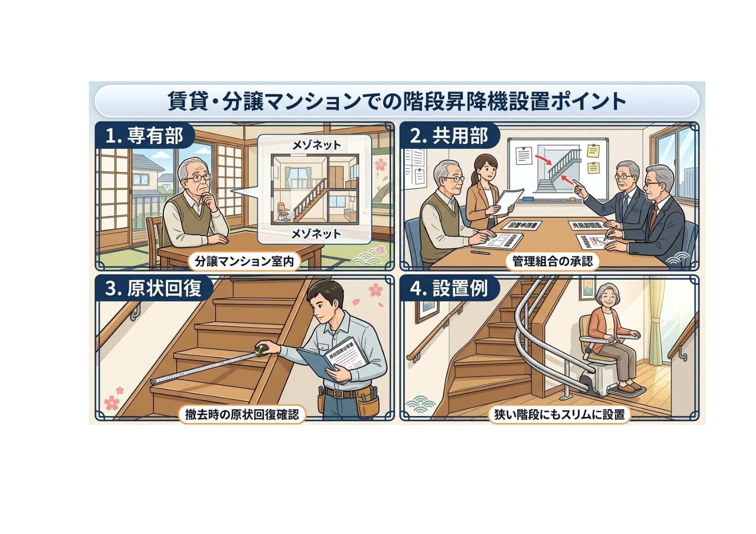 賃貸住宅や分譲マンションで階段昇降機は設置できる？原状回復と管理組合への相談ポイント｜日本最大級のいす式階段昇降機 専門サイト 階段昇降機.com